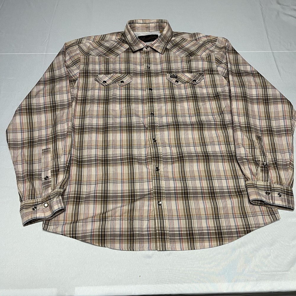 Howler Bros H Bar B Tech Shirt Mens L Plaid Tan Vented Pearl Snap Western